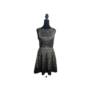Closet Large Metallic Gold Black Pattern Pleated Knee Length Fit & Flare Dress